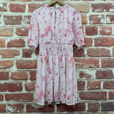 Nine West Dress Womens Medium Pink Multicolor Abstract Ruffle Smocked Popover - Imagem 1 de 4