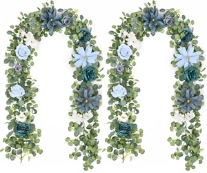 2Pcs Blue Flower Garland, 6.07Ft Artificial Eucalyptus Garland with Blue Rose... - Picture 1 of 1