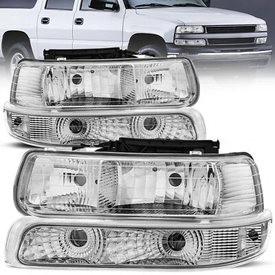 2X Chrome Headlights & Bumper Lamps For 99-02 Chevy Silverado 1500 00-06 Tahoe - Image 1 of 4