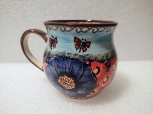 Handmade Polish Pottery Bubble Mug 9 oz Blue Tulip Garden UNIKAT Signed - Picture 1 of 8