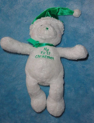 Baby Gund My First Christmas Plush White Teddy Bear Green Santa Hat Plush Toy - Image 1 of 2