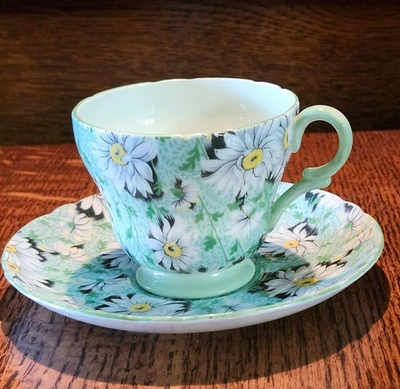 Shelley Chintz Green Daisy Demitasse Cup and Saucer in Wonderful Condition - Image 1 of 4