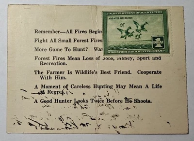 1937–38 Wisconsin Resident Hunting License Card RW4 $1 Federal Duck Stamp - Image 1 of 2