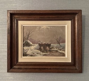 ANTIQUE 1927 OIL PAINTING WINTER IMPRESSIONIST SNOWY LANDSCAPE 14.25” X 12” - Picture 1 of 13