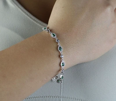 Women Silver Tiny Emerald Teardrop Tennis Bracelet - Image 1 of 4