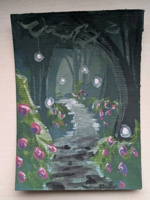 ACEO Original Art Card, Gouache Floral Fantasy Forest Katie Mart 1 / 8 Landscape - Image 1 of 2
