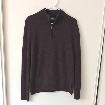 Express Mens Large 100% Extra Fine Merino Wool Quarter Zip Sweater Maroon - Image 1 of 4