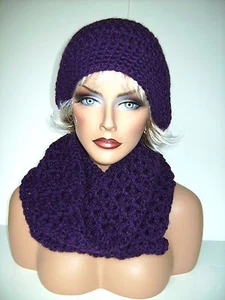 DEEP VIOLET PURPLE NEW HAND CROCHET HAT AND INFINITY SCARF SET BEANIE BERET   - Picture 1 of 12