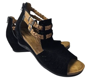 Biza Monica Black Tan Leather Suede Wedge Sandals Shock Absorber Comfort Sz 10 - Picture 1 of 16