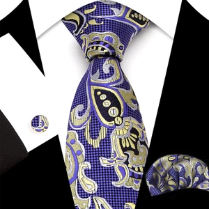 Clásico Paisley Azul Dorado Jacquard Seda Hombre Corbata Corbata Hanky Juego de Gemelos - Imagen 1 de 1