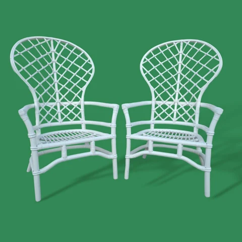 Pair of Ficks Reed Rattan Balloon Back Chairs Peacock Fan High Back Palm Beach Cover