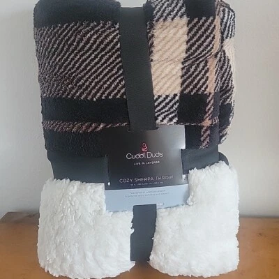 CUDDL DUDS Sherpa Throw Blanket Plush to Sherpa Black Plaid Cozy Soft - Image 1 of 3