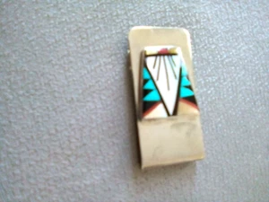Old PAWN SILVER MONEY CLIP w MOP-TURQUOISE-ENAMEL GEOMETRIC DESIGN- Weighs 23 g - Picture 1 of 5