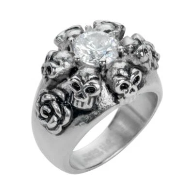 Ladies Stainless Steel Skull & Roses Biker Ring 153 - Image 1 of 3