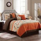 Beige Brown Orange Embroidered Floral 7 pc Comforter Set Full Queen Cal King Bed