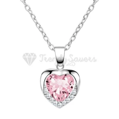 Pink Women Girls 925 Sterling Silver Crystal Love Heart Pendant Necklace Gift - Image 1 of 4