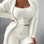 3Pcs Womens Winter Warm Fleece Sweatsuit Loungewear Camisole Top Shorts Cardigan