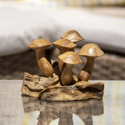 Teak Root 5 Wavy Cap Mushroom Sculpture Mini Wood Toadstool Nature Ornament Gift - Image 1 of 4