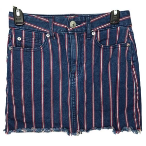 AMERICAN EAGLE Hi-Rise Mini Skirt Denim Jean Striped Women's Size 2 Blue Red - Picture 1 of 11