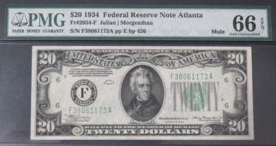$20 1934 Atlanta  Mule FRN. Fr. 2054-Fdgsm. PREMIUM MULE. PMG 66 EPQ - Image 1 of 2