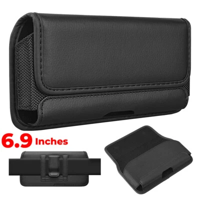 #DE103 7" CUBE LEATHER HORIZNTL POUCH METAL BELT CLIP LOOP BLACK CELL PHONE CASE - Image 1 of 4
