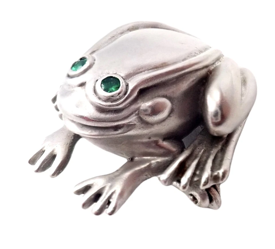 Rare! Authentic Kieselstein Cord 18k White Gold Frog Emerald Brooch 1998 - Image 1 of 4