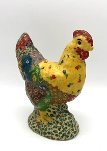 Statuetta pollo gallo vintage MAM coperta tessuto patchwork - base verde 6,5" T - Foto 1 di 8