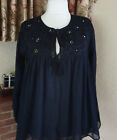 LADIES NAVY EMBROIDERY MIRROR TIE NOTCH NECK  TOP FROM NEXT SIZE 14 PARTY
