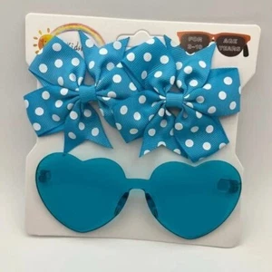 New Toddler Girls' Bundle Light blue Heart Sunglasses & Bowknot Hair Clips Set - Picture 1 of 4