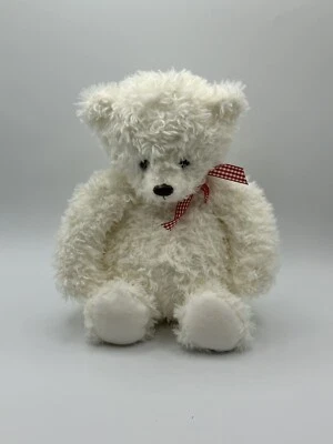 Hallmark White BEAR w/ Red Checkered Ribbon 14" Plush Beanbag Stuffed Toy - Image 1 of 2