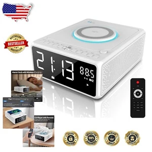 Multifunctional CD Player Alarm Clock Radio with Bluetooth & Wireless Charging - Picture 1 of 8