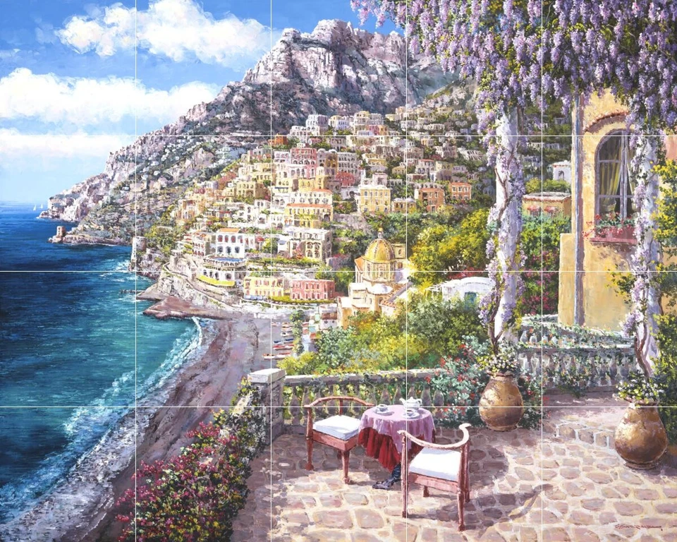 Mural de azulejo salpicadero de cerámica vista al agua paisaje - Patio Positano Foto 1 de 1
