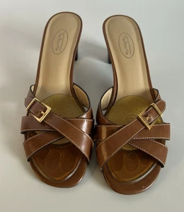 Talbots Leather Sandals Sz 8 Cognac Criss-cross w/ Buckle Block Heel Slide - Picture 1 of 12
