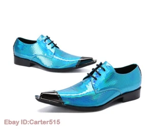 Zapatos de vestir de fiesta juvenil con cordones de cuero de grano punta puntiaguda de moda para hombres - Imagen 1 de 10