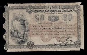 URUGUAY 50 CENTESIMOS L. 1870 PICK # A109a VG-F. - Picture 1 of 2