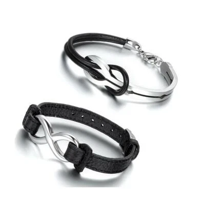 2 peças pulseira de couro masculina feminina aço inoxidável amor infinito fivela bracelete - Imagem 1 de 4