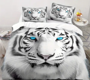 3D White Tiger Blue Eyes Animal Printed Queen Duvet Cover 1 Duvet 2 Pillow Cases - Picture 1 of 6