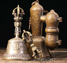 7" Old Tibet Copper Fa Qi Faqi Phurba Dagger Dorje Vajra Bell & Holder Box Set