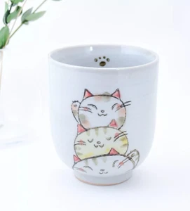 Japanese Handmade YUNOMI Tea Cup TORIO Tabby Cat Yellow Brown Pottery Seto ware - Picture 1 of 11