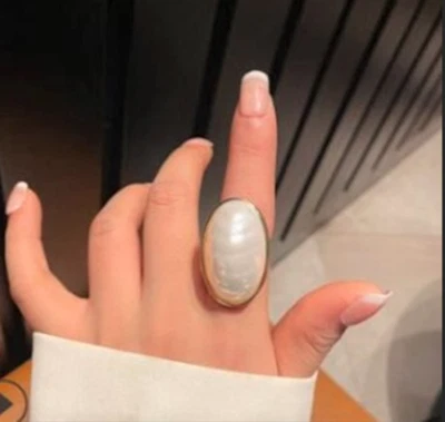 Anillo Ovalado Perla Para Mujer Grueso Grande Enorme Anillo Ajustable Piedras Preciosas Redondas Dorado Foto 1 de 3