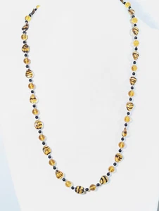 Tribal Amber Color Glass Stripe Wavy Disc Bead Necklace 26 in Gold Filled Clasp - Picture 1 of 10