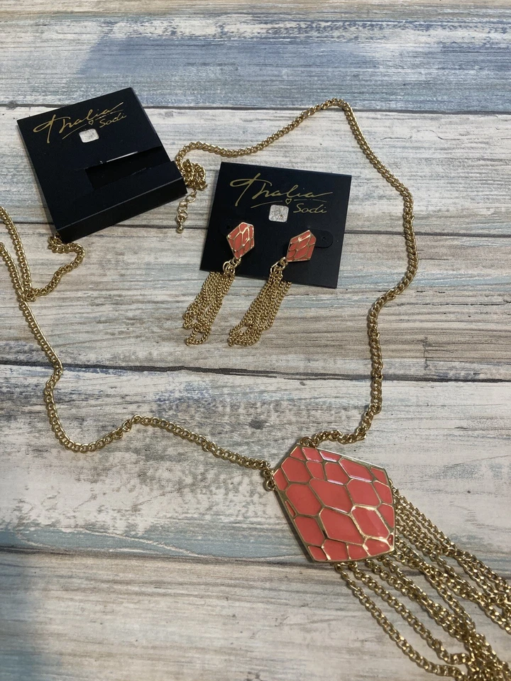 Thalia Sodi Necklace matching Earrings Set 32" Coral Enamel Gold Tone Geo NWT - Image 1 of 4