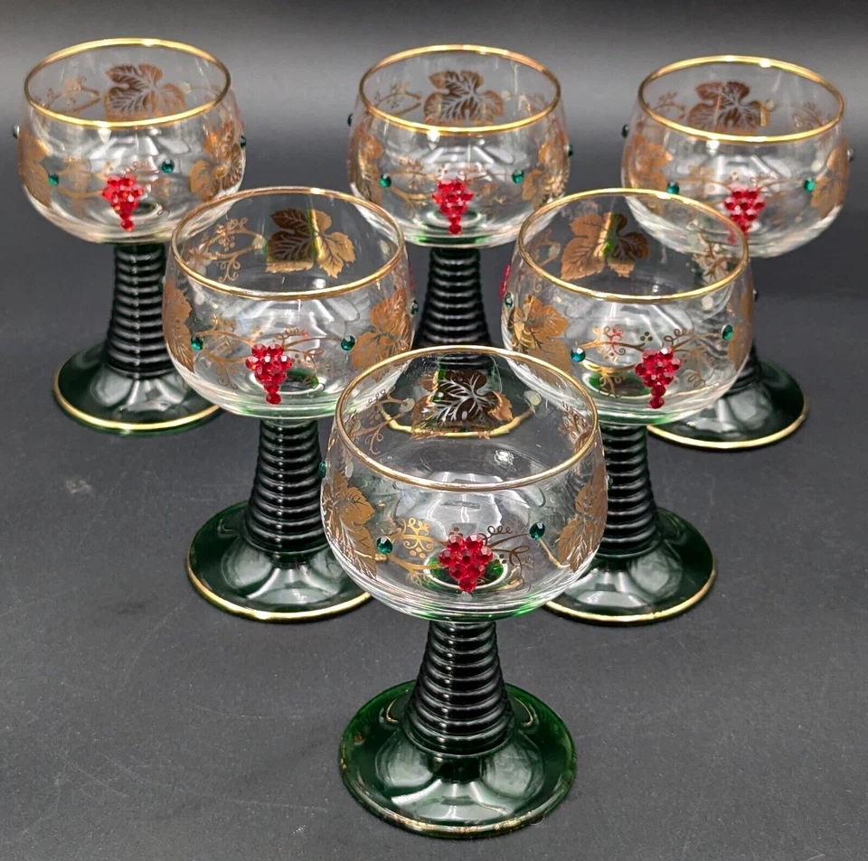 (6) COPAS DE VINO DE COPA ARCOROC VERDE CON UVAS DE DIAMANTES DE IMITACIÓN, HECHAS EN ALEMANIA Foto 1 de 4