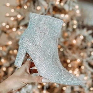 New Silver Diamante Rhinestone Embellished Bling Ankle Boots Booties Block Heel - Picture 1 of 6