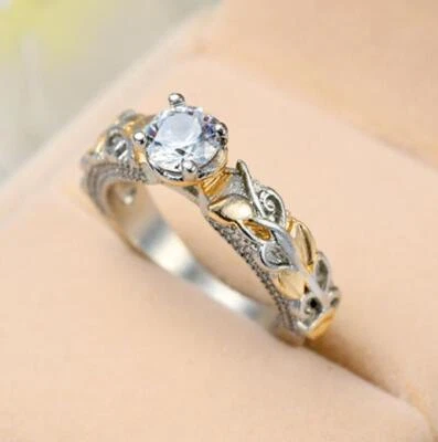 Flower Design Double Color White Fire Topaz Rose Gold Plated Silver Ring Sz 6-10 - Image 1 of 4