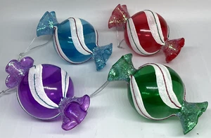Wrapped Candy Multi Color Glitter Blown Glass Christmas Ornaments 5” LOT of 4 - Picture 1 of 9