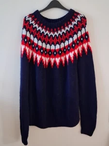 Fairisle Jumper Blue Red & White Handknit Chunky Sweater Fair Isle Handmade - Picture 1 of 8