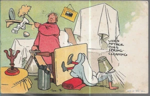 LOVELY RARE OLD COMIC POSTCARD - WHEN MOTHER DOES SPRING CLEANING by TOM B. 1904 - Picture 1 of 2