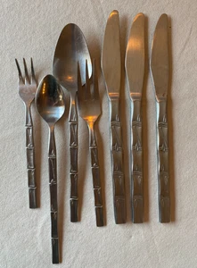 7 Pcs Vintage Lifetime Stainless LC62 Bamboo Knife Fork Tablespoon Pickle Fork - Picture 1 of 4