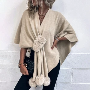 Ladies Pom-pom Ball Tassel Cape Knitted Shawl Wrap Solid Retro Cardigan Fashion - Picture 1 of 22
